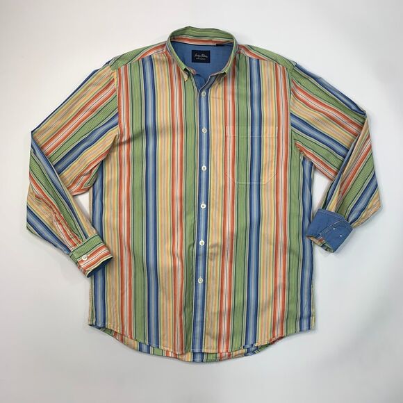 Indigo Palms Shirt Mens S Small Colorful Striped Button Down Flip Cuff Cotton - Picture 2 of 11